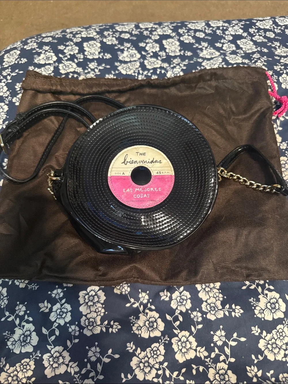 kate spade Black Vinyl Record Crossbody with Pink Label